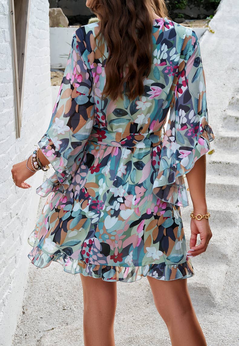 Vacation Floral Tie Waist Chiffon Short Dress