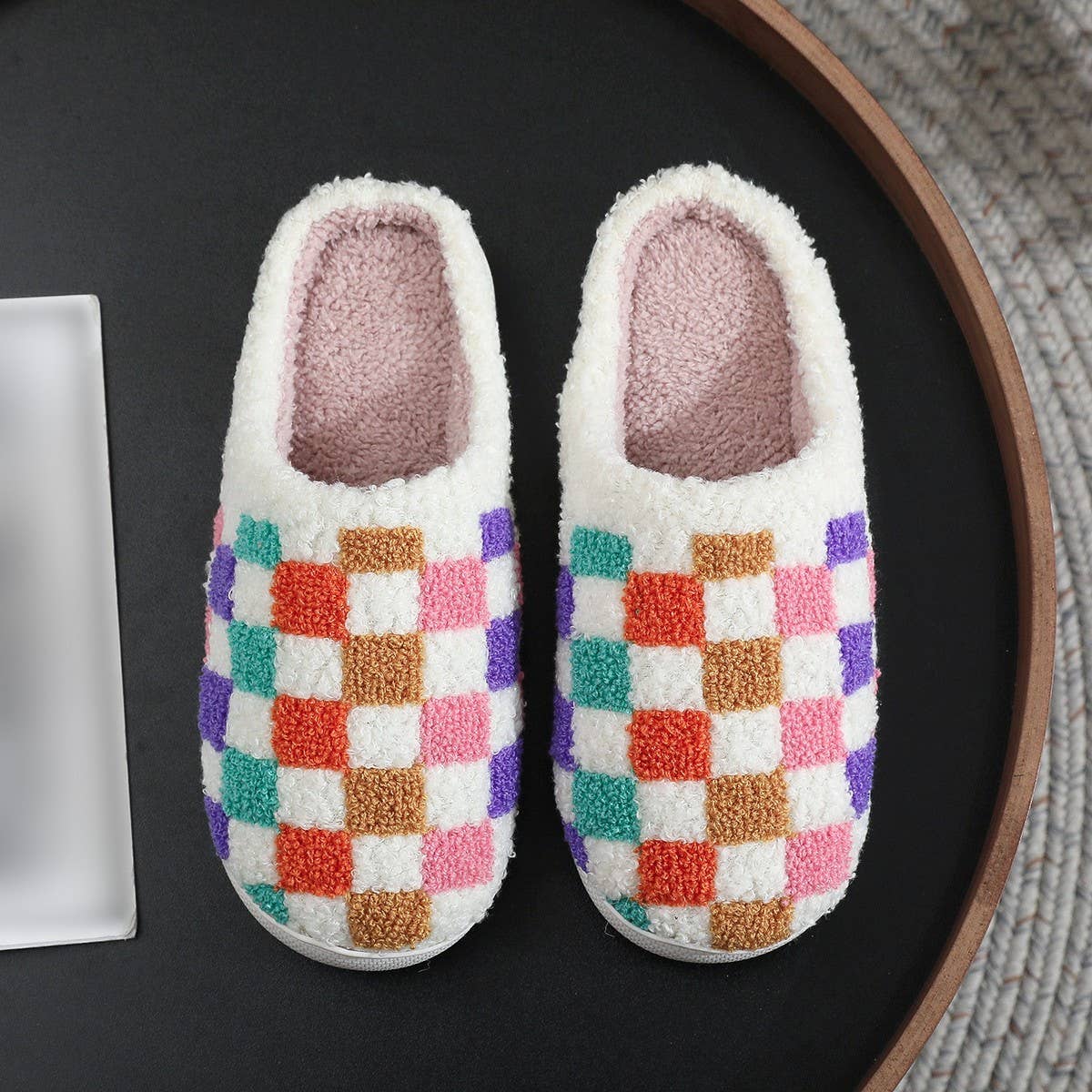 COLORFUL PLAID PRINT EMBROIDERED COTTON SLIPPERS