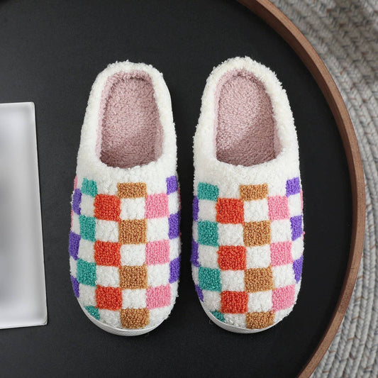 COLORFUL PLAID PRINT EMBROIDERED COTTON SLIPPERS