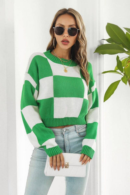 Cwoswl3966_Checkerboard Long-Sleeved Cropped Sweater