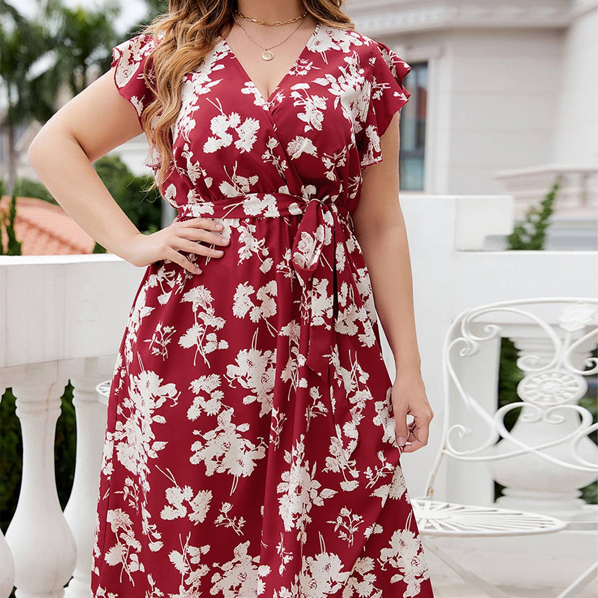 Plus Size V-Neck Red Dress ??Belted Summer Fit_CWDMD5966