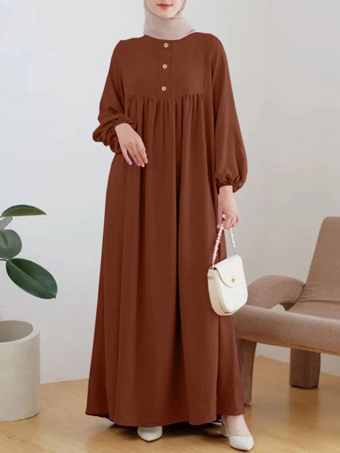 Fashion puffed-sleeve loose solid-color dress