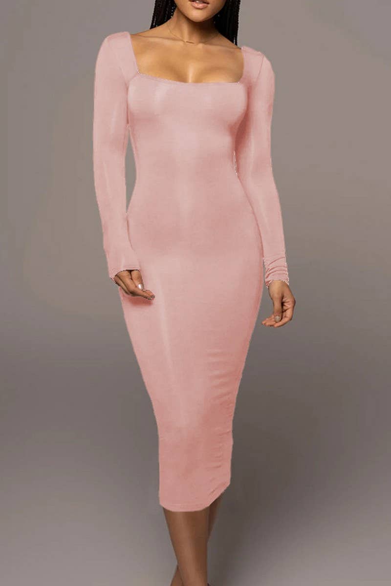 CWDMD4902_SOLID COLOR SLIM SQUARE NECK LONG SLEEVE DRESS