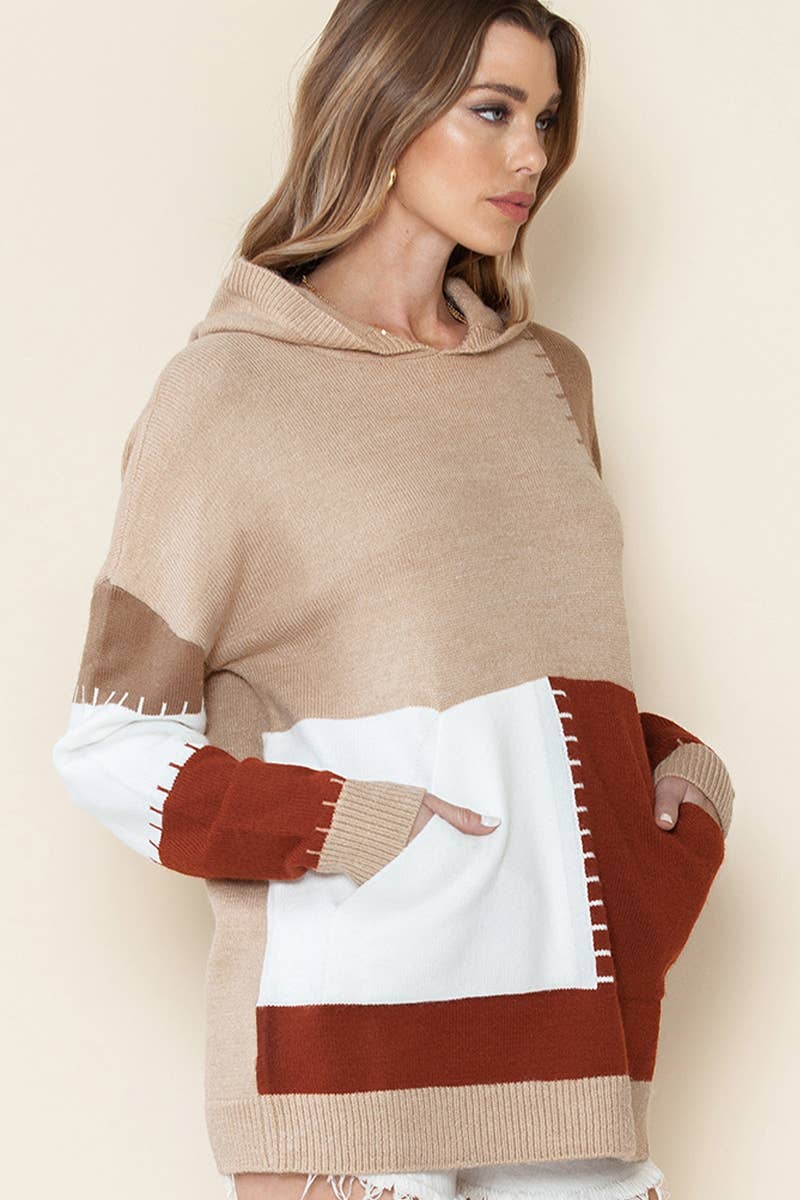 SLOUCHY HOODED PATCHWORK PULLOVER SWEATER