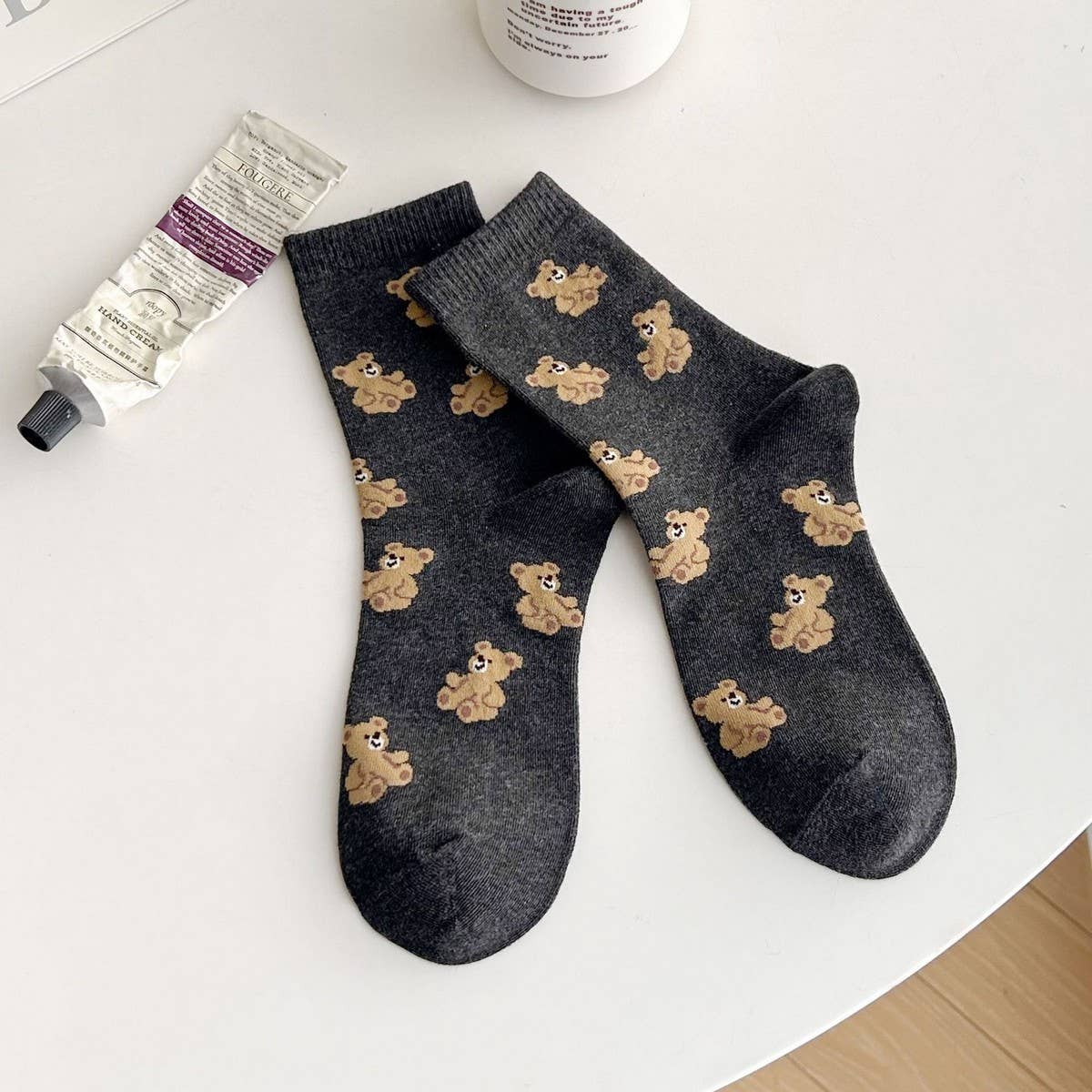 Cute Bear Pattern Cotton Crew Socks for Womens