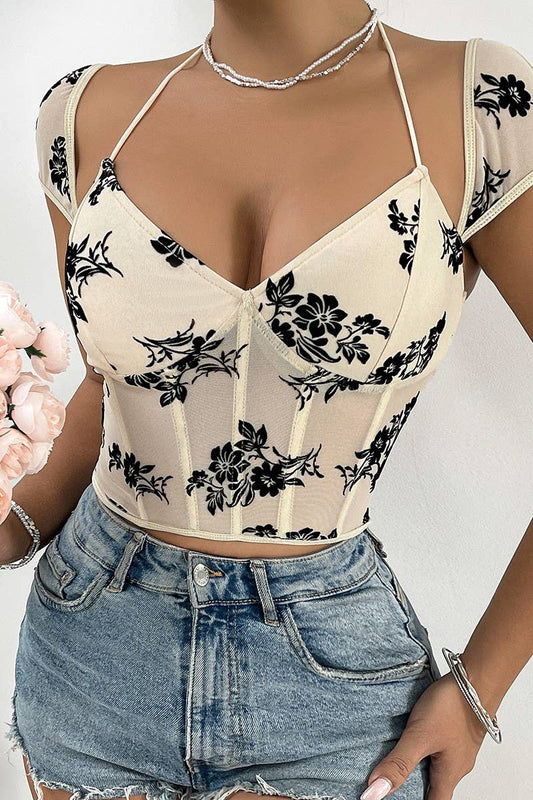 Cwtbls1664_Transparent Low-Cut Lace-Up Flocked Short Vest