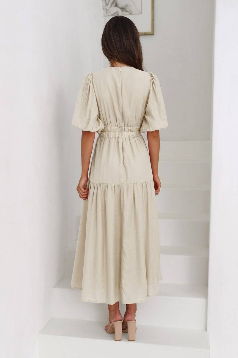 CWDSD8159_LANTERN SLEEVE TIERED FLARE MIDI DRESS