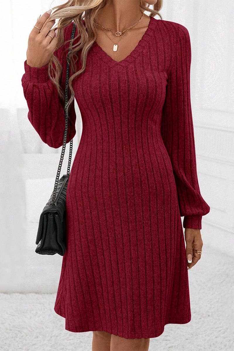 CWDSD6478_V-NECK BURGUNDY HIGH WAIST FITTED MIDI DRESS