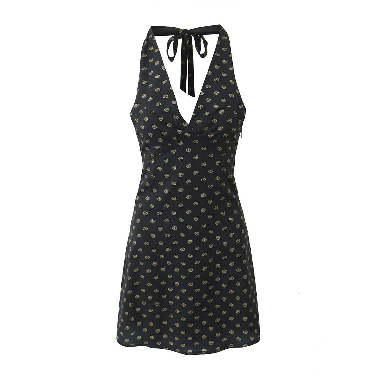 VINTAGE POLKA DOT PRINT DEEP V-NECK HALTER DRESS