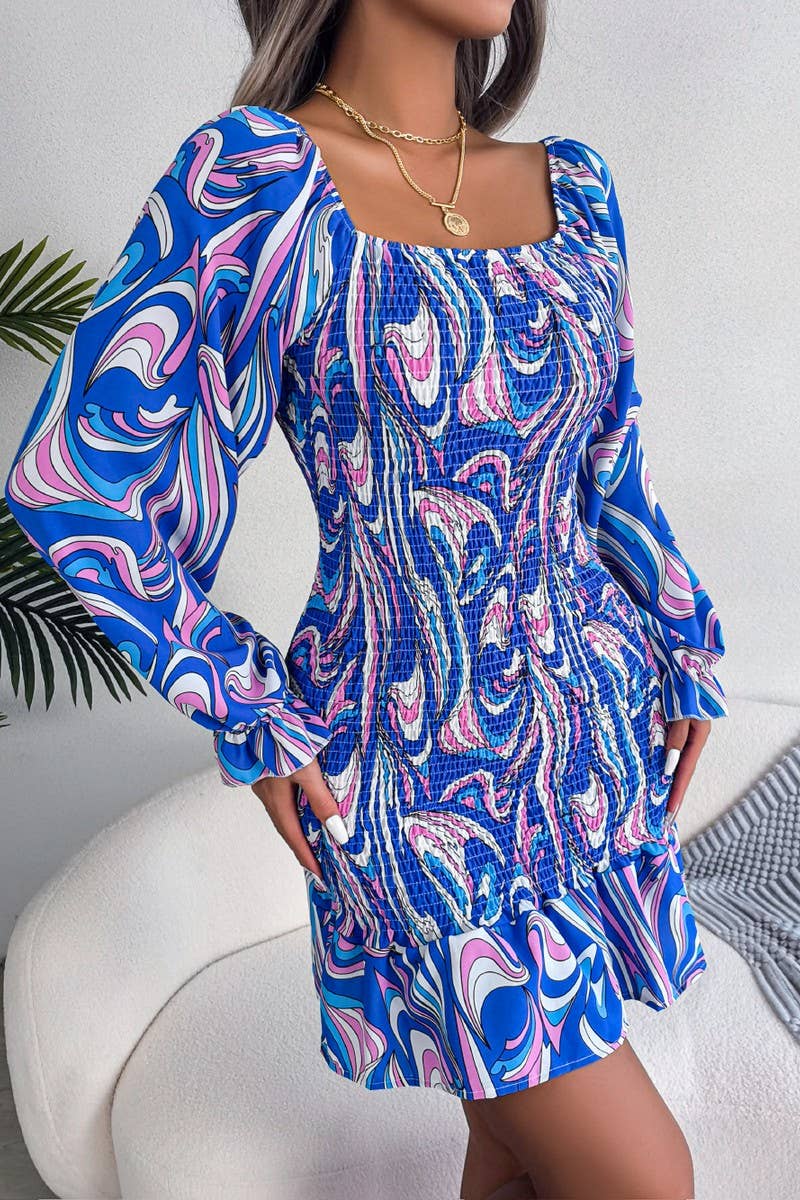 CWDMD4717_SEXY SQUARE NECK LONG SLEEVE RUFFLED HIP DRESS