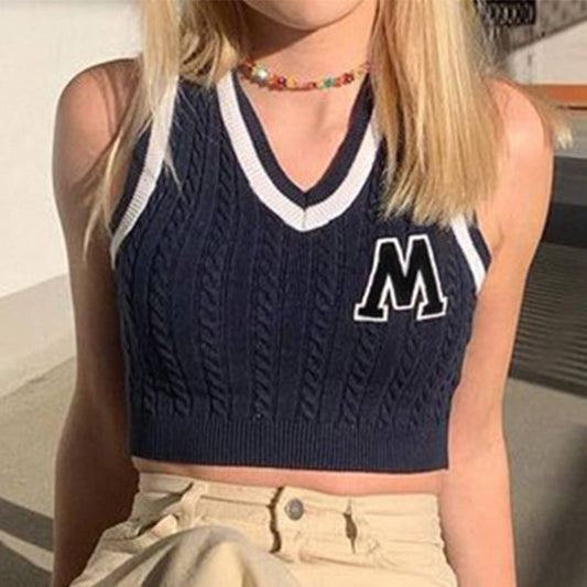 SLEEVELESS LETTER COLOR PATCHWORK V-NECK VEST