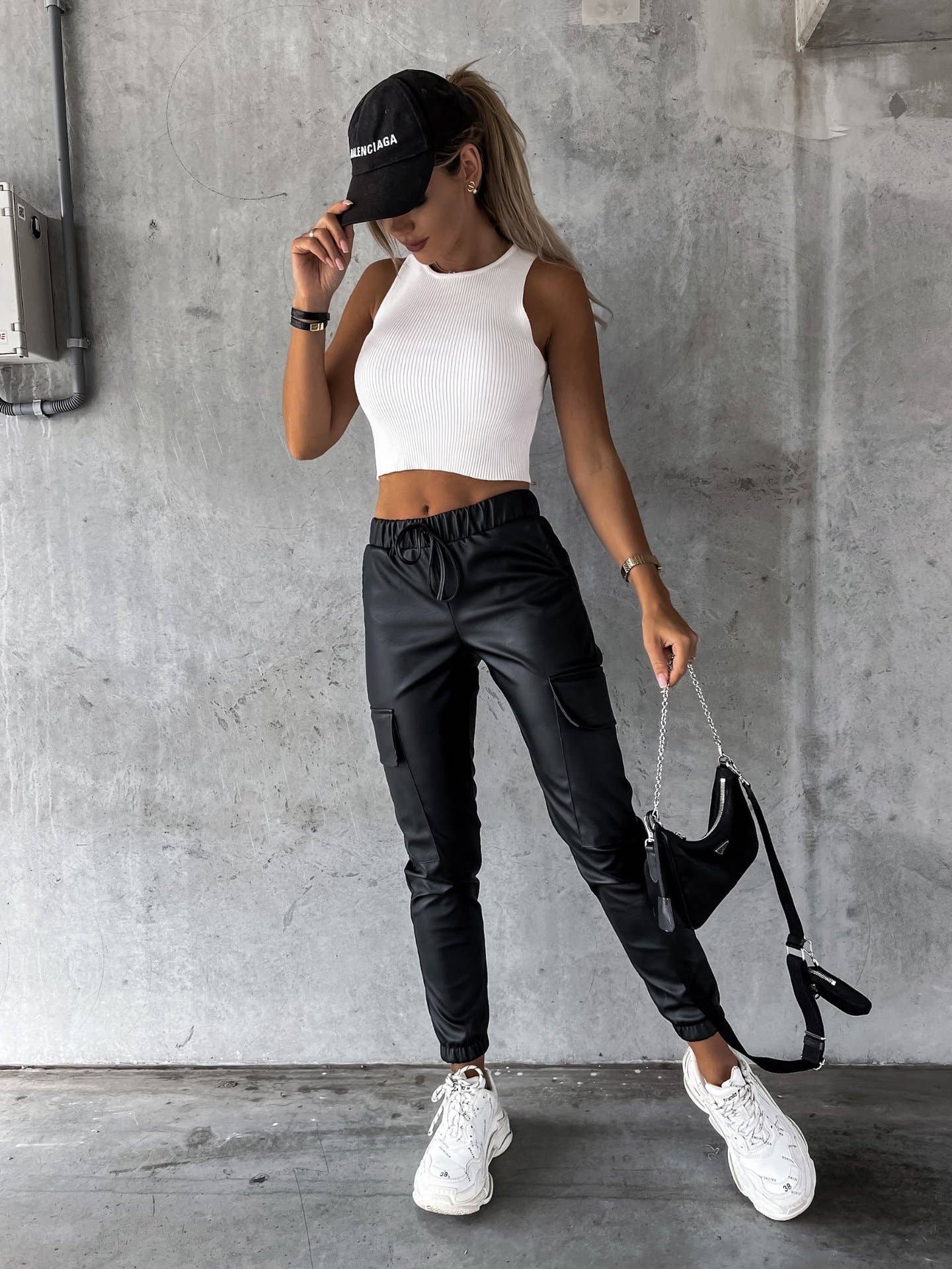 Waist-cinching street drawstring leather pants
