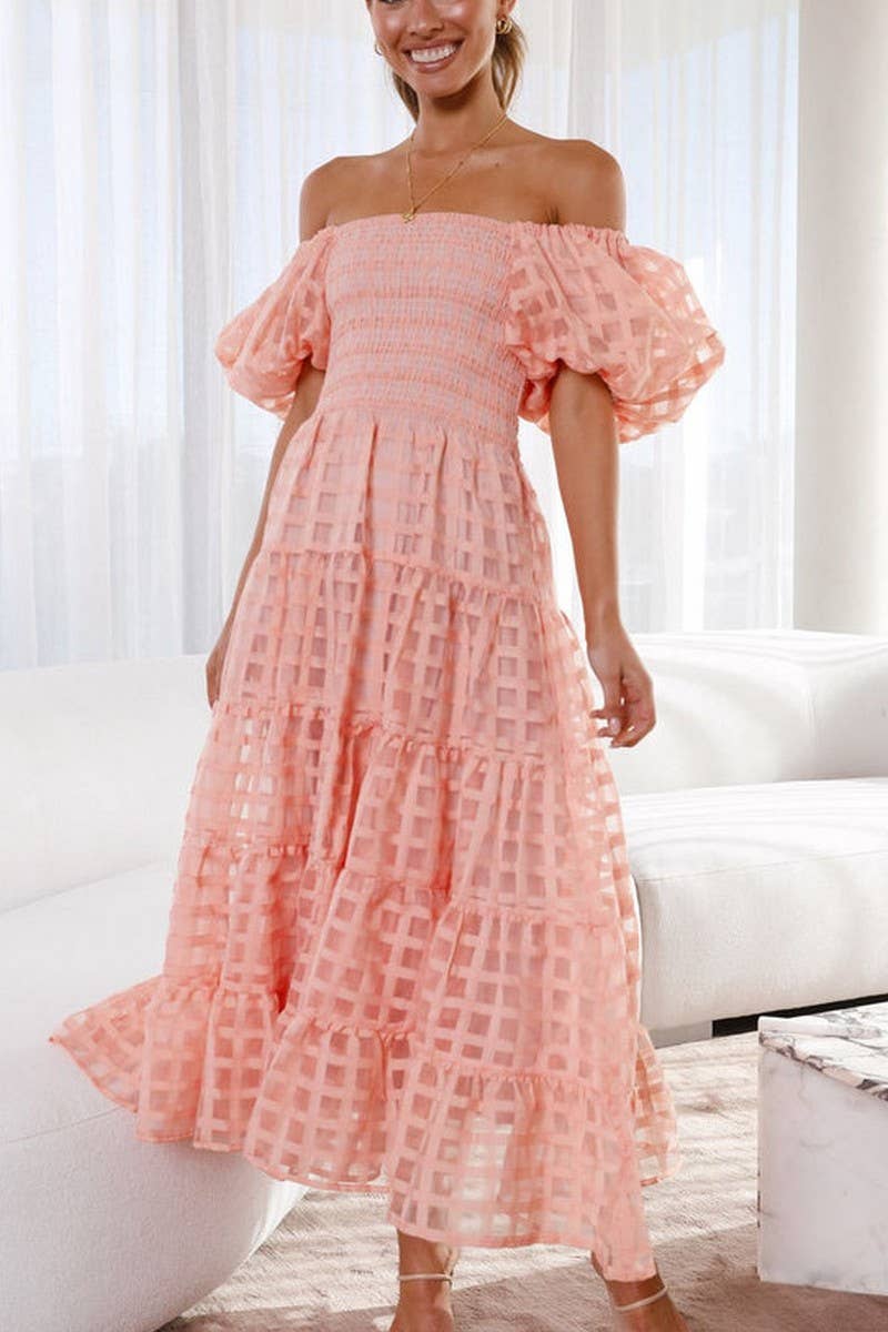 CWDMD5648_OFF SHOULDER LANTERN SLEEVE TIERED RUFFLE DRESS