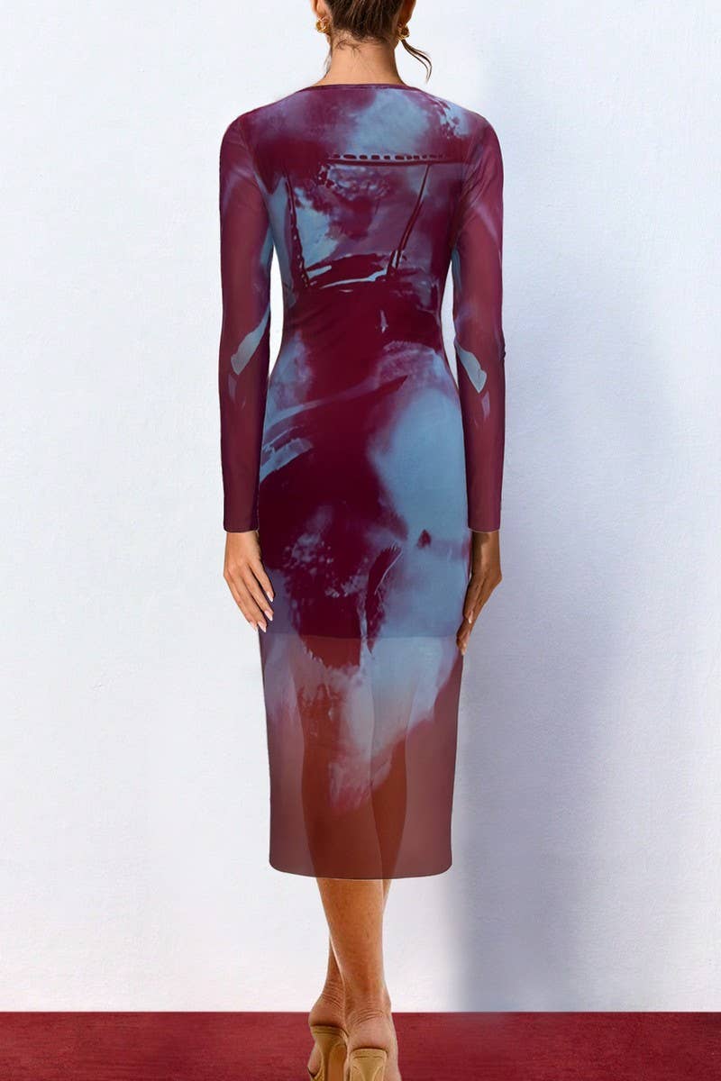 CWDMD5039_FASHION SEXY PRINTED SEMI-PERSPECTIVE MESH DRESS