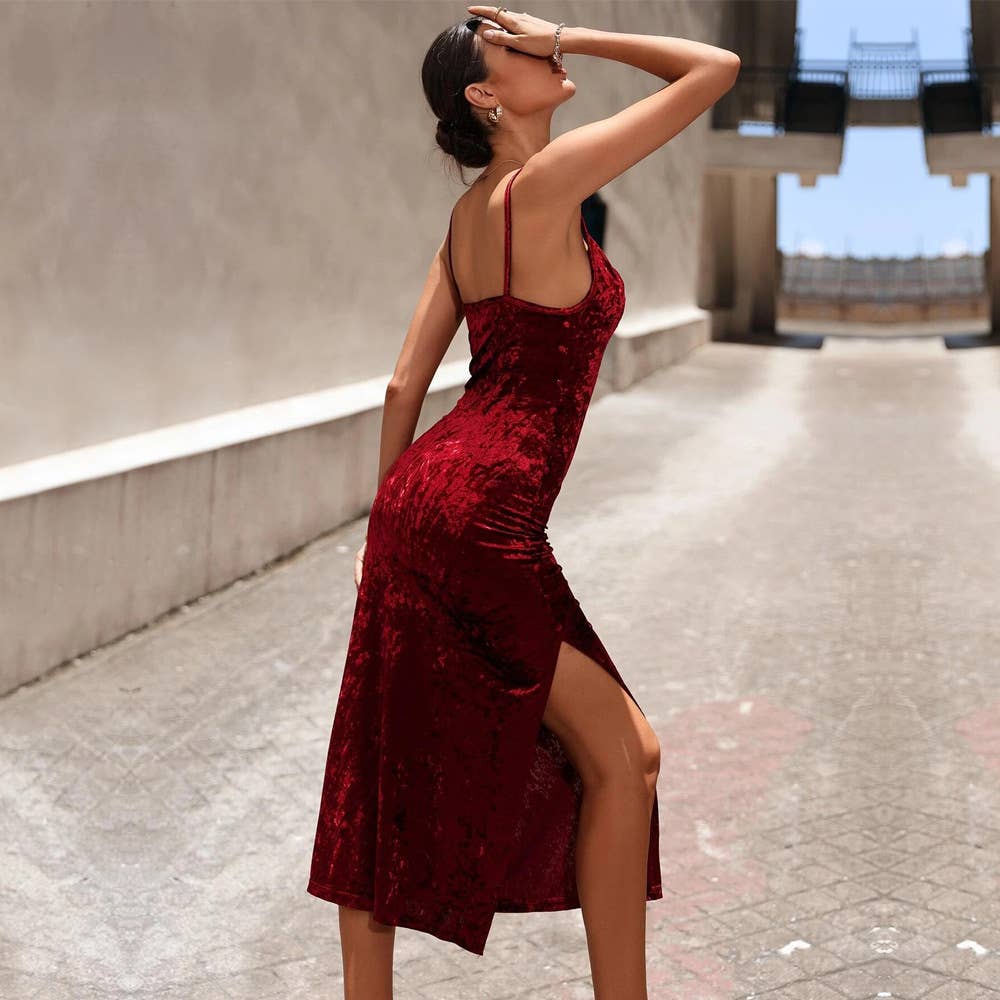 Women¡¯s Sexy Velvet Cami Dress with Side Slit