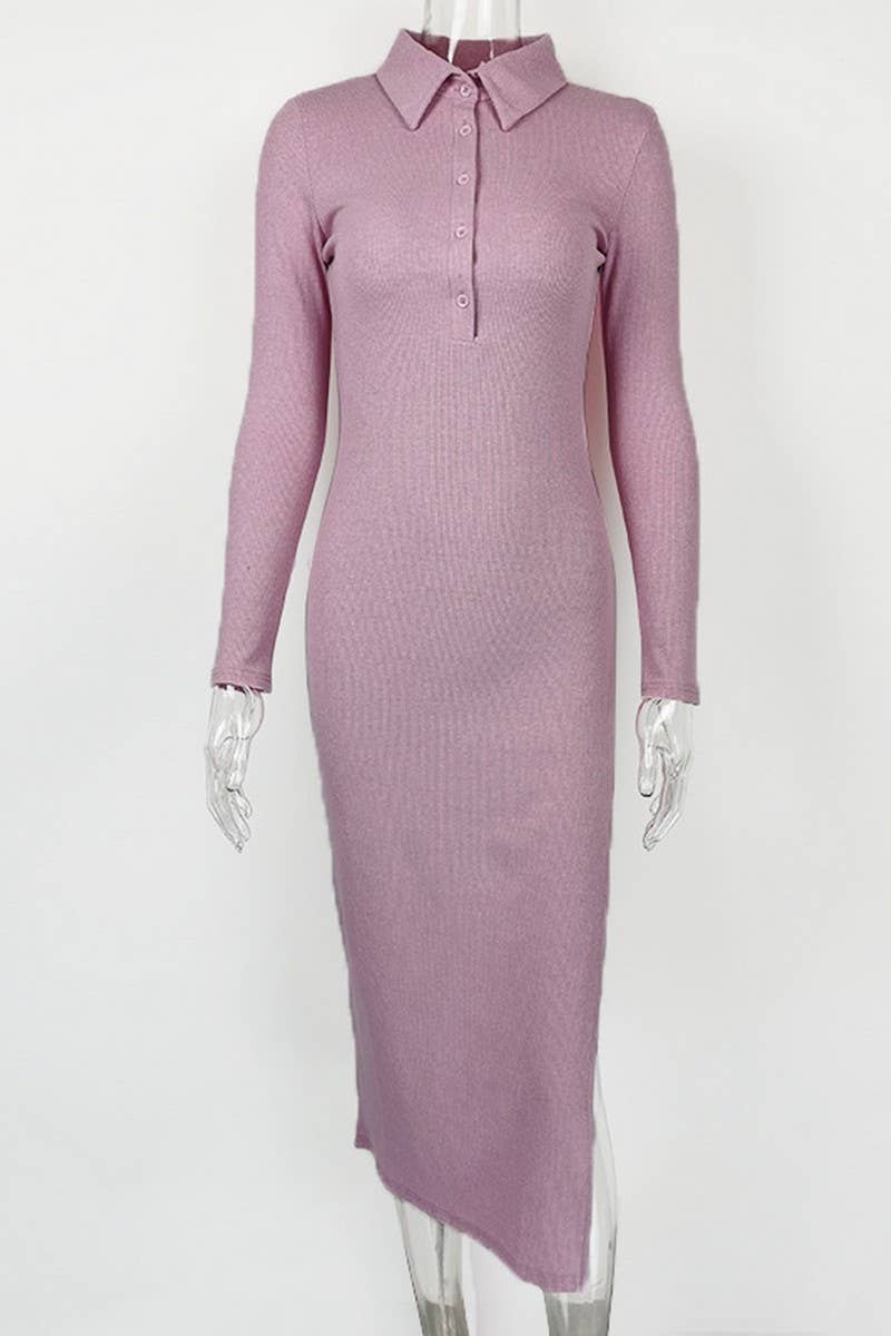 CWDMD4903_SLIM FIT POLO NECK RIBBED LONG SLEEVE SLIT DRESS