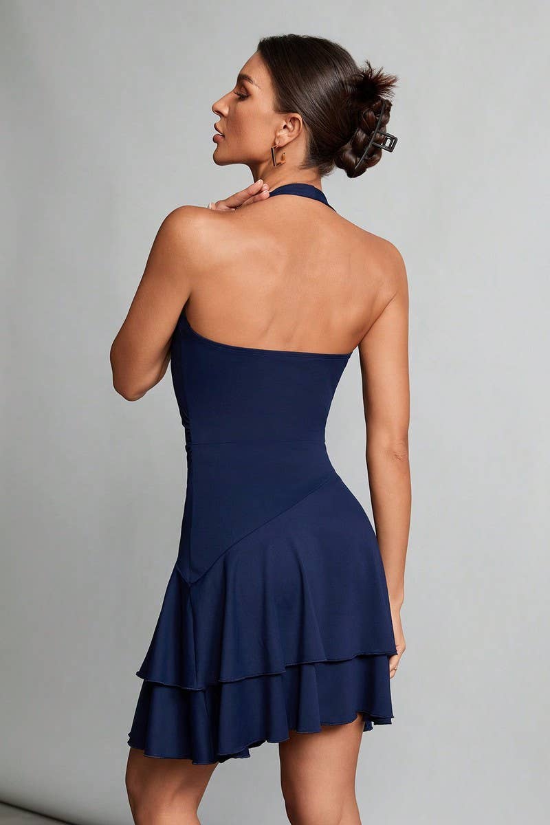 CWDHL1030_HALTER BACKLESS RUFFLE HEM WAIST MINI DRESS