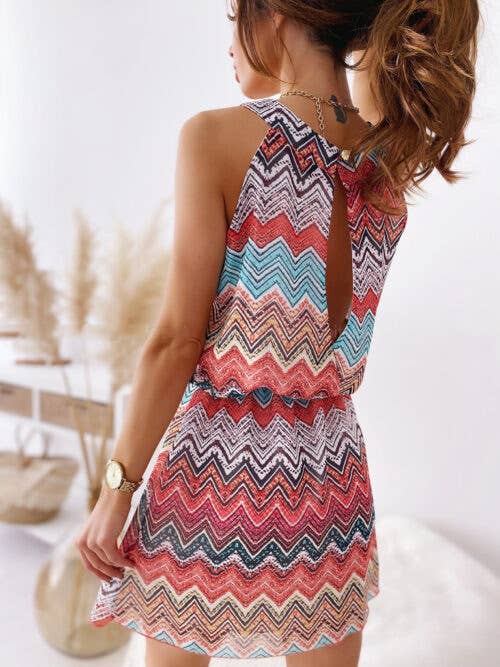 WAVE PRINT SLEEVELESS SHORT FASHION DRESS