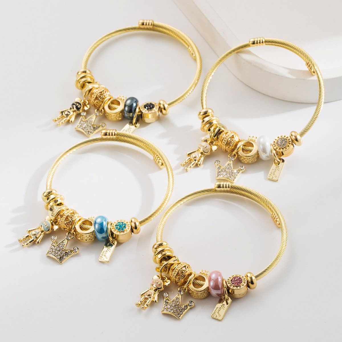 DIY Crown Bear Letter Charm Couple Bracelet