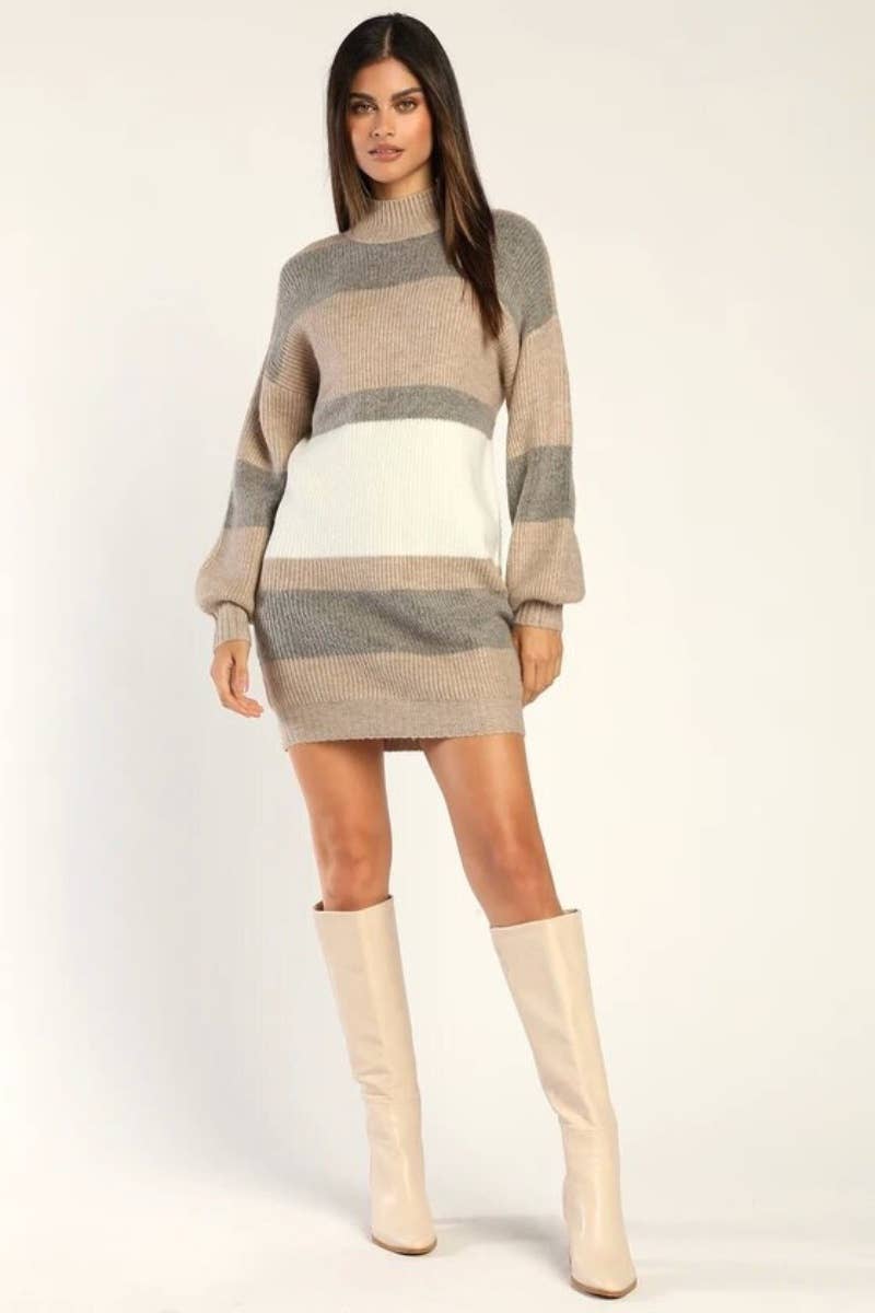 CWDSD6225_TURTLENECK LONG-SLEEVED CONTRASTING SWEATER DRESS