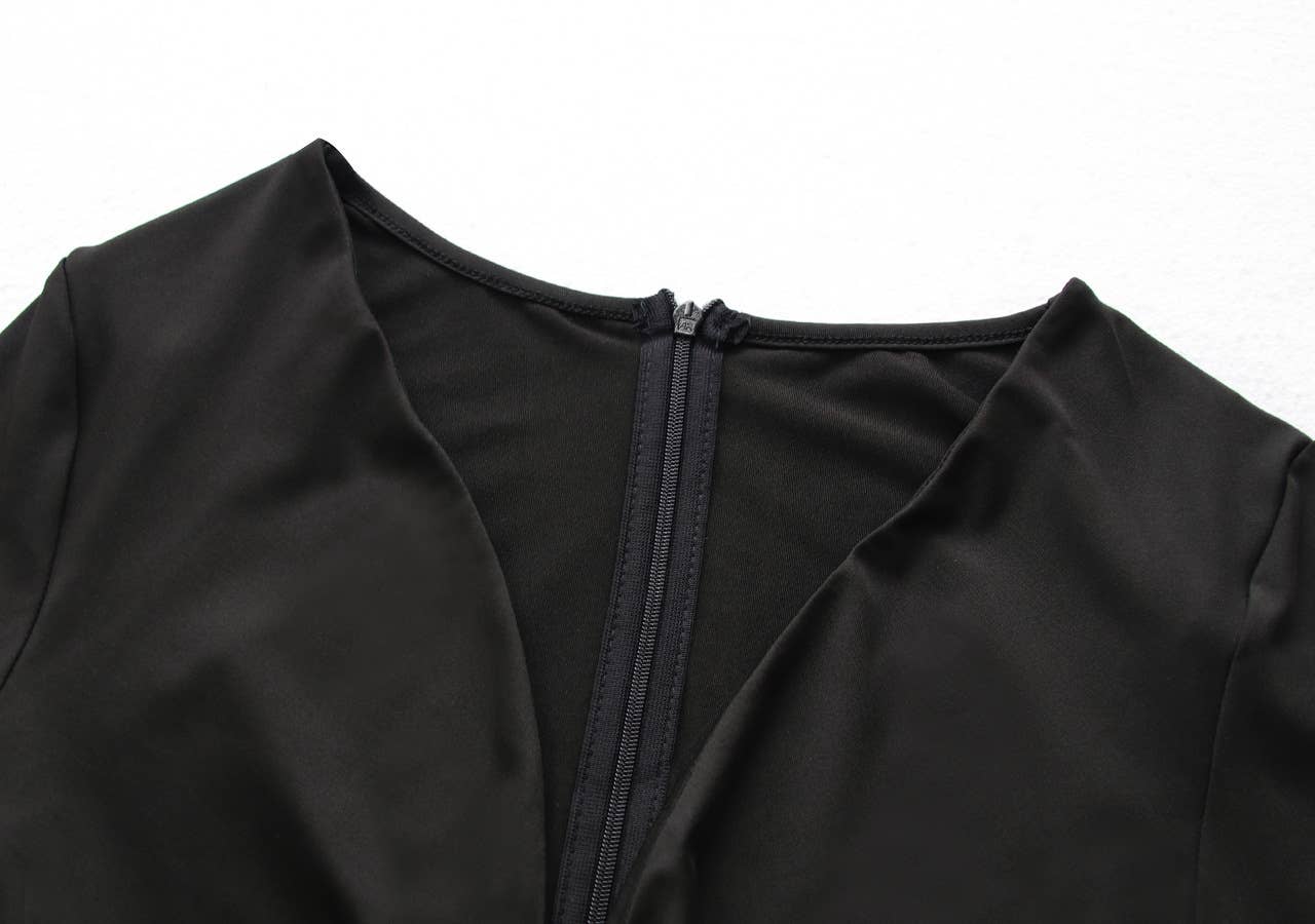 LONG SLEEVE V-NECK WAIST PLEATED LONG DRESS