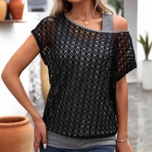 Lace crew neck T-shirt short sleeve two knitwear