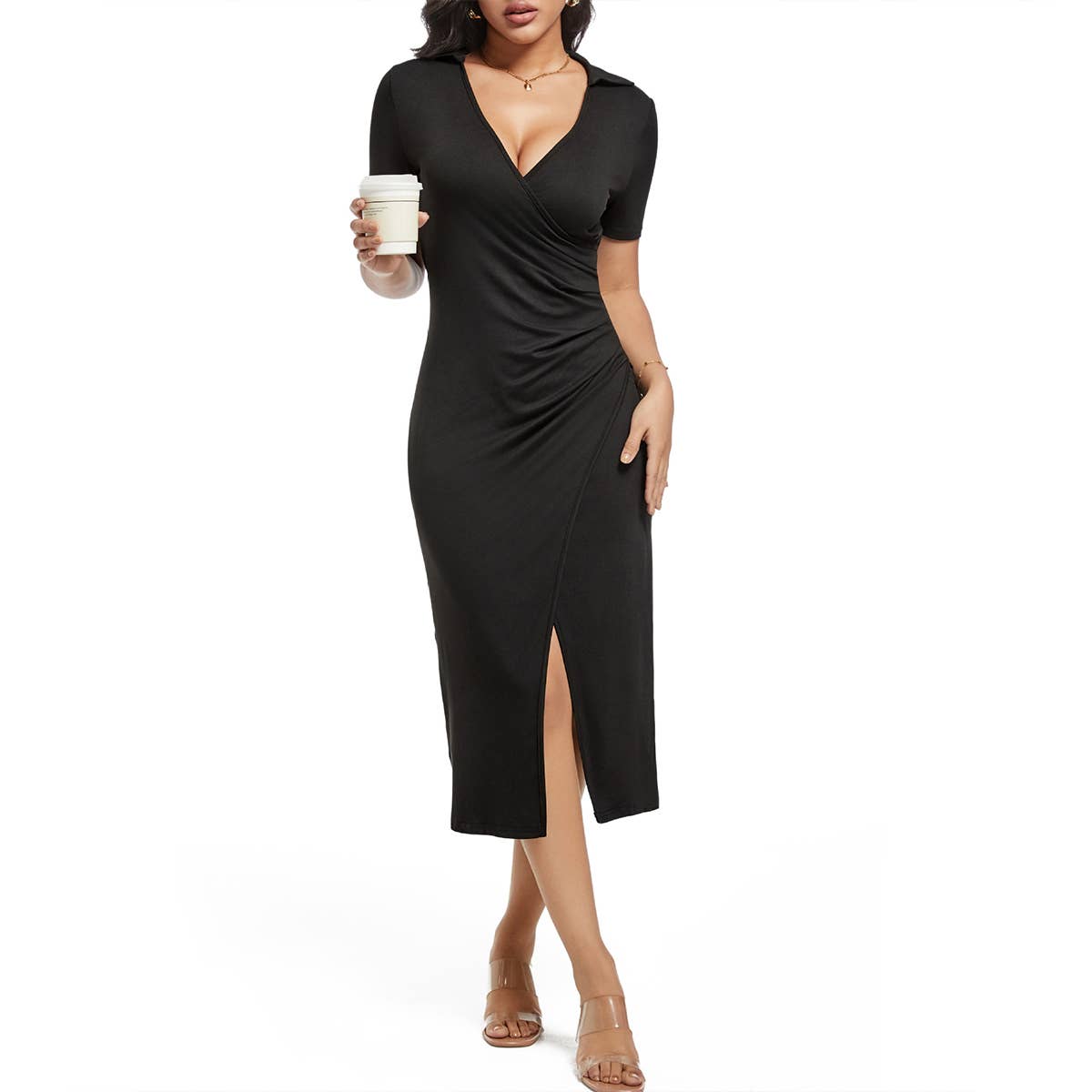 POLO COLLAR CROSS PLEATED SLIT KNITTED LONG DRESS