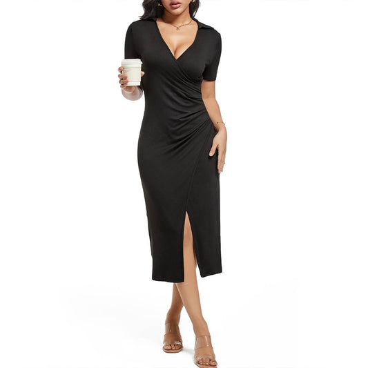 POLO COLLAR CROSS PLEATED SLIT KNITTED LONG DRESS