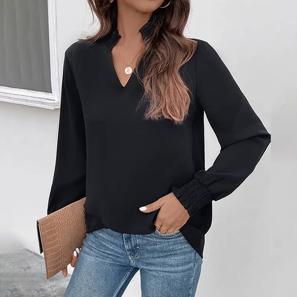 V NECK SOLID COLOR CASUAL LONG SLEEVED SHIRT_CWTSTL1129