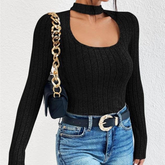 U-NECK LONG SLEEVE PIT STRIPED WOOL KNIT T-SHIRT