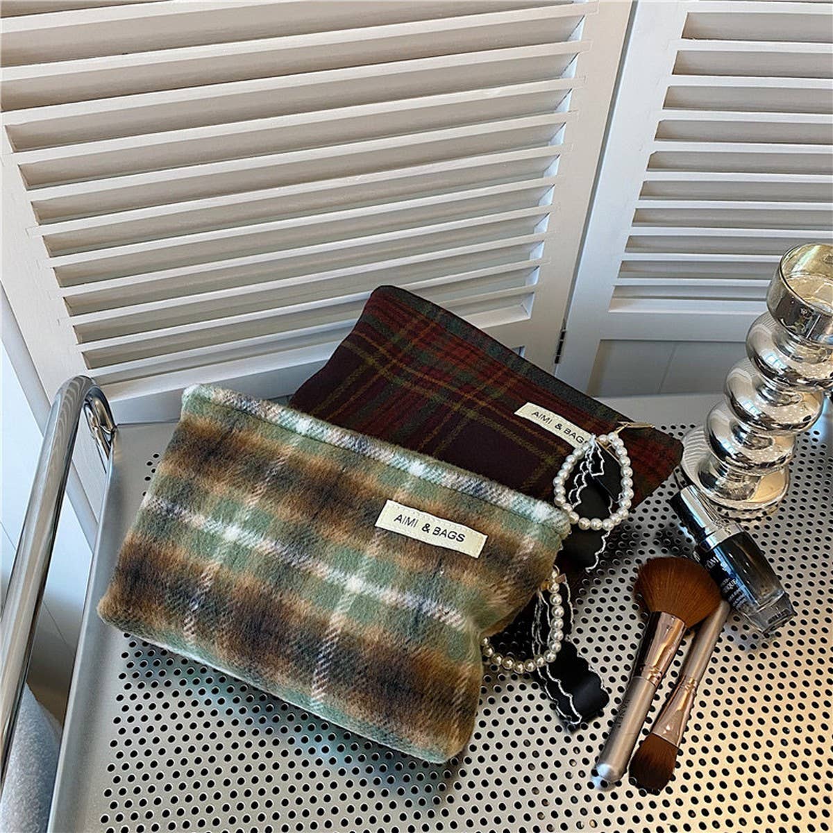 NEW RETRO PLAID LARGE CAPACITY COSMETIC BAG_CWAB4422