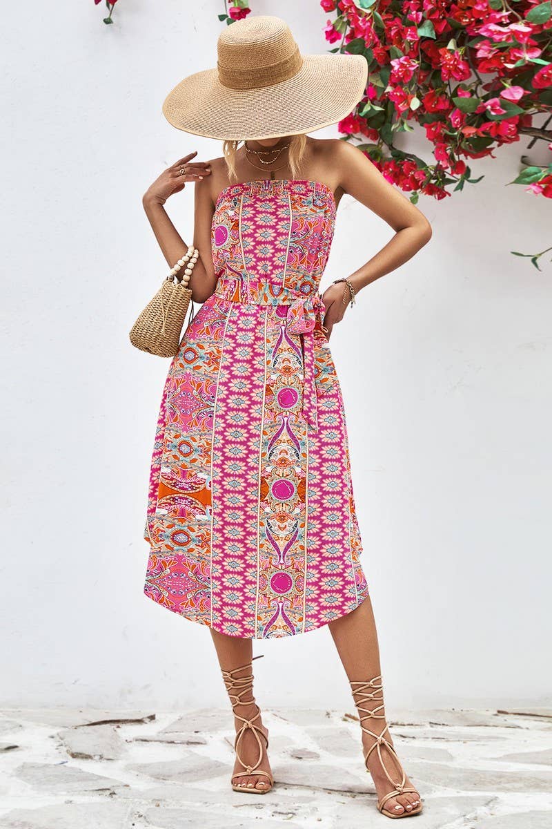 WOMEN FIT STRAPLESS PRINT DRESS_CWDSD2643