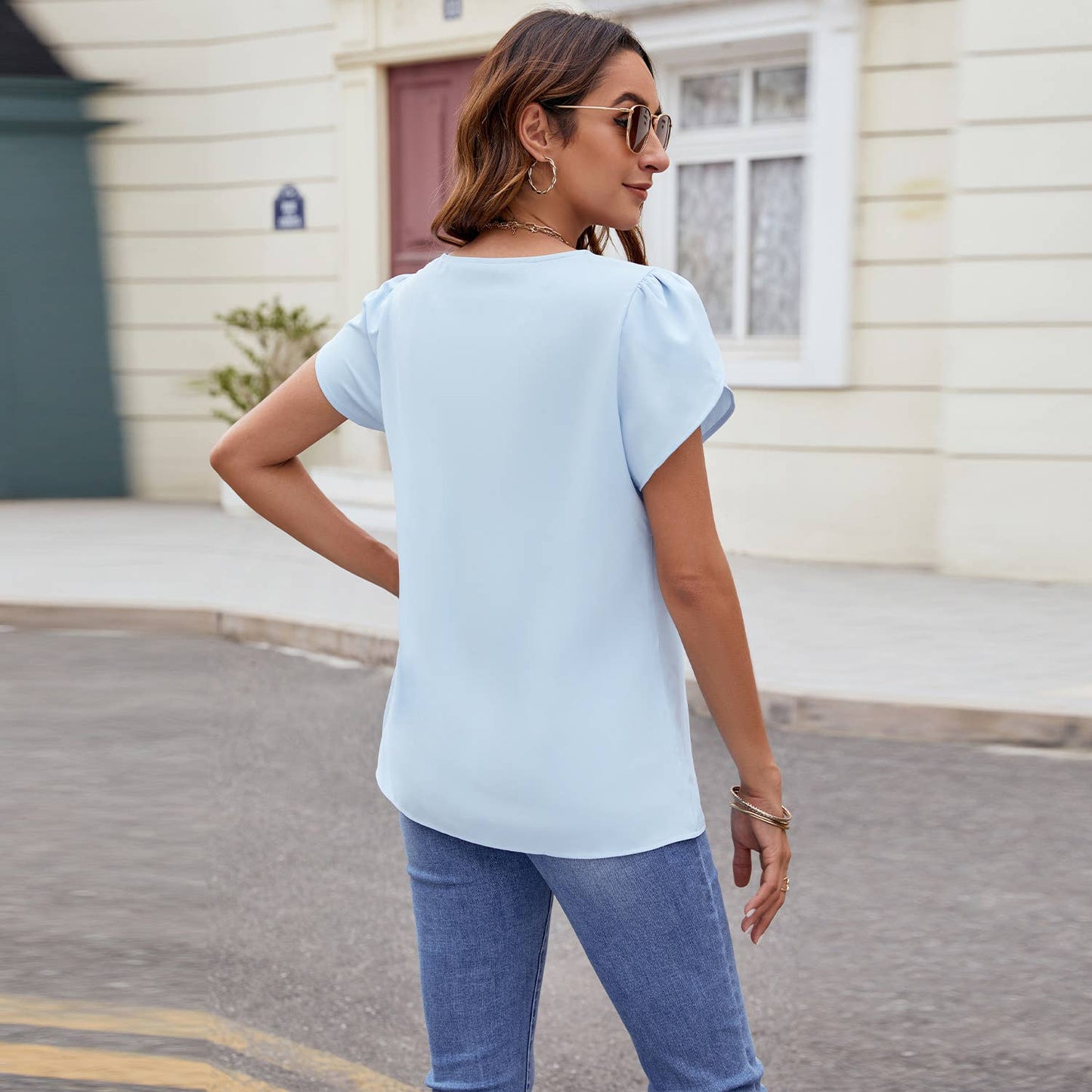 V-NECK SHORT-SLEEVED LOOSE CHIFFON PEARL TOP