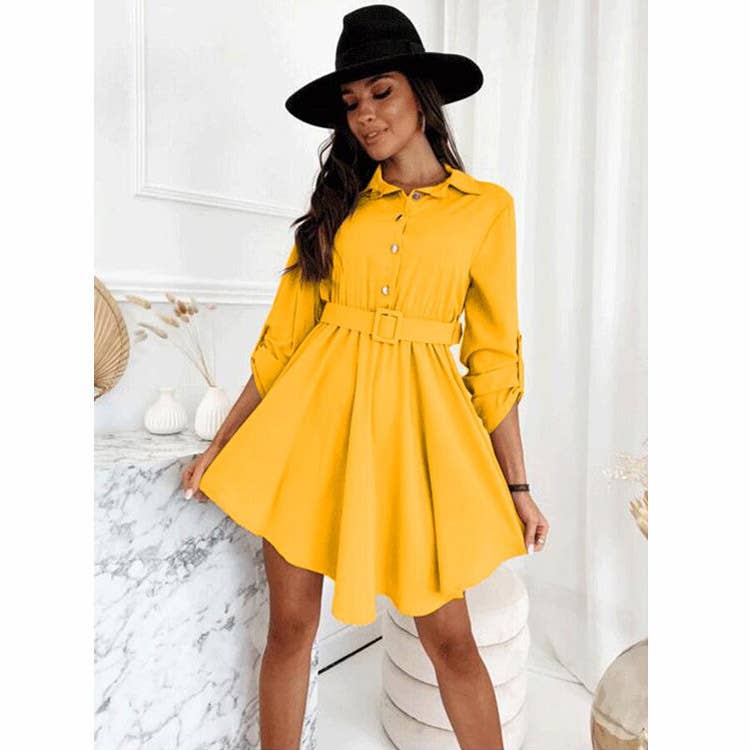 Rolled-up sleeves cinched waist shirt dress
