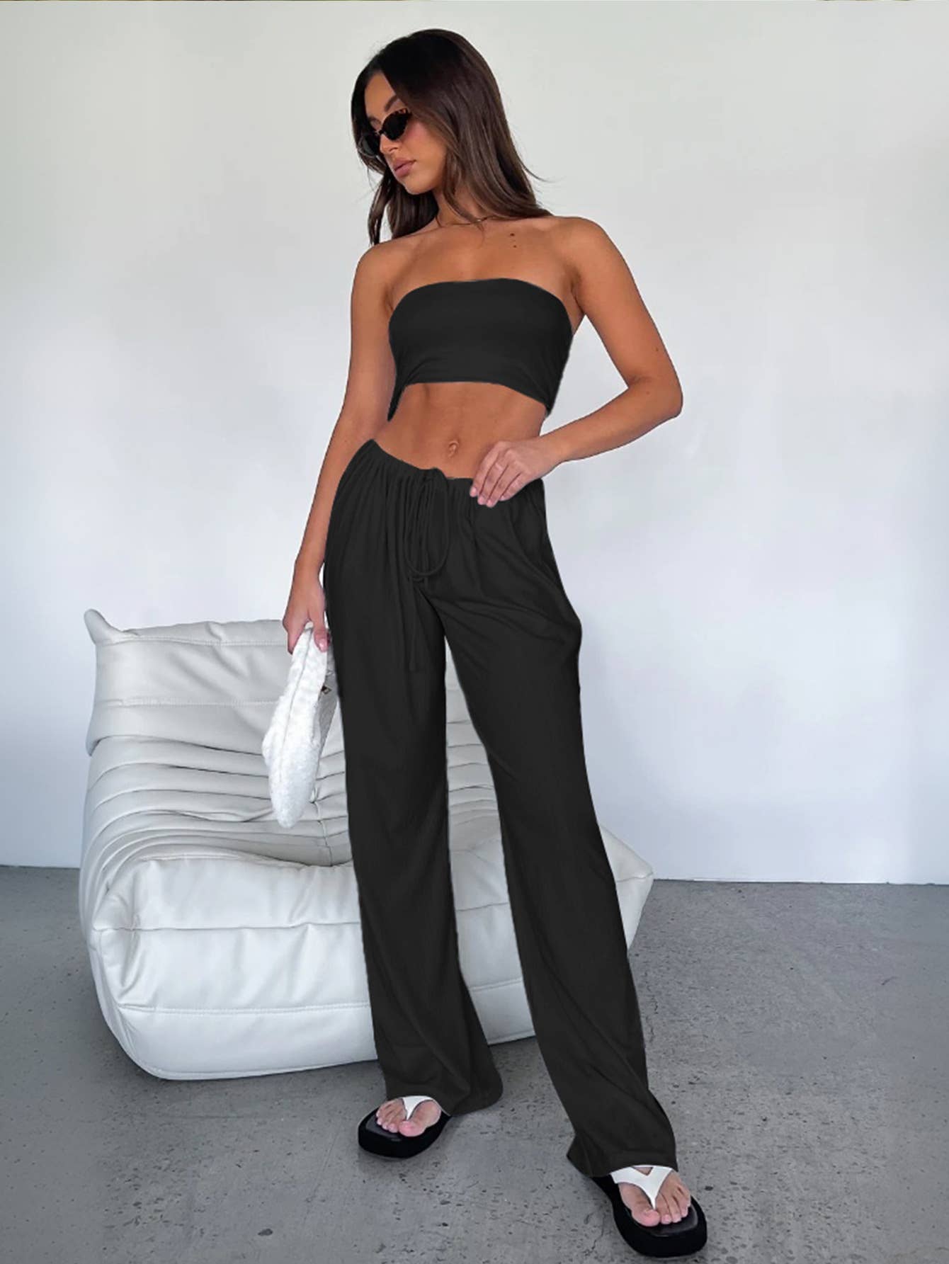 Women V-Neck Pleated Skirt Waist-Tie Raglan Shirt