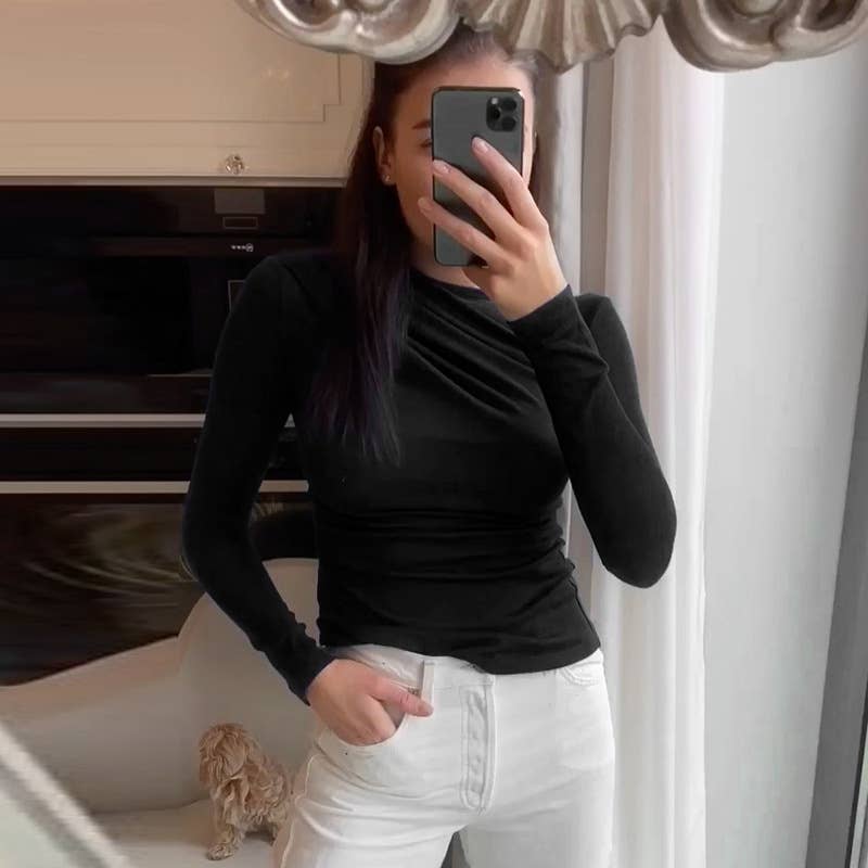 SOLID COLOR TRIMMED COLLAR RUFFLE SLIM-FIT TOP