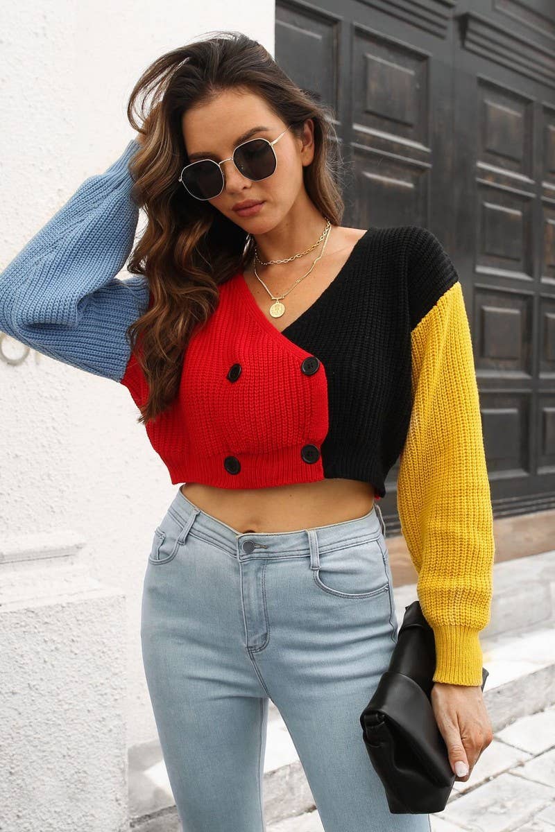 CWOCAL1183_DOUBLE-BREASTED CONTRAST-COLOR KNITTED CARDIGAN