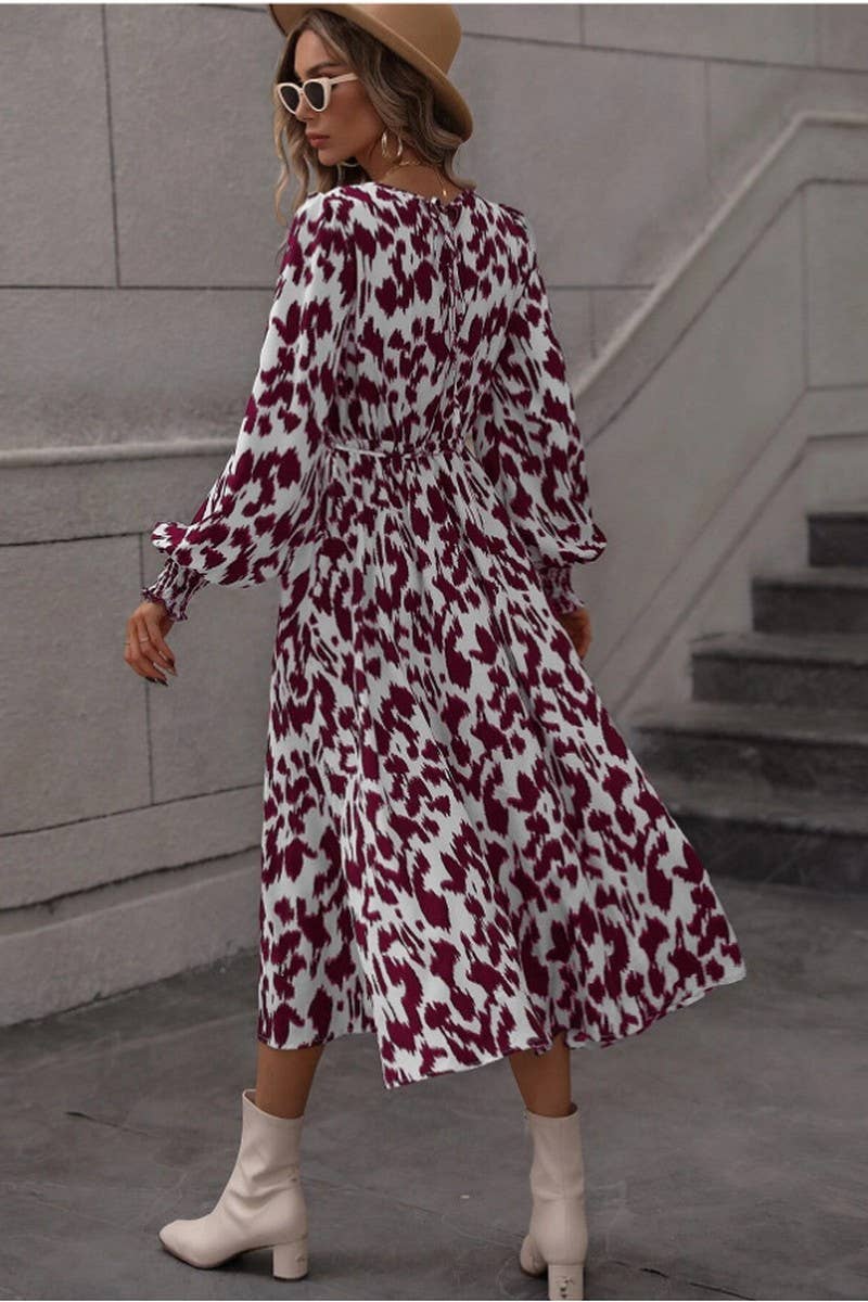 CWDSD6570_LEOPARD PRINT TIE LONG SLEEVE SWING DRESS