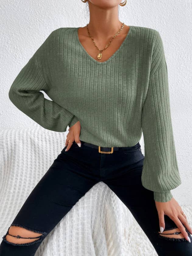 V-NECK DROP SHOULDER SLEEVED T-SHIRT LOOSE KNIT