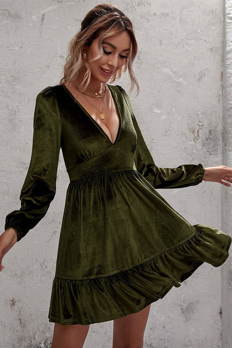 CWDSD6474_DEEP V NECK PUFF SLEEVE VELVET RUFFLE DRESS