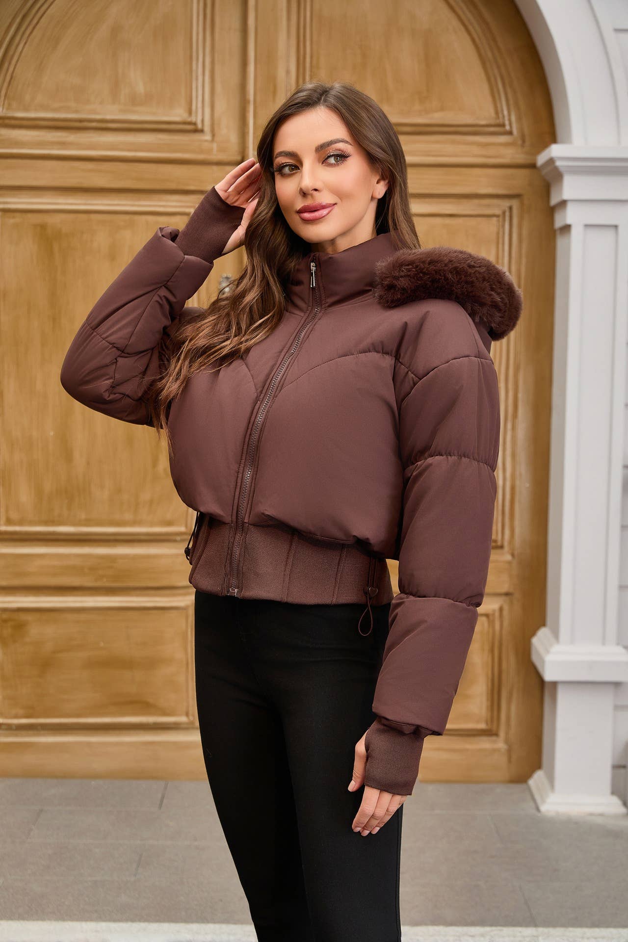 Thick cotton-padded jacket with a cinched waist