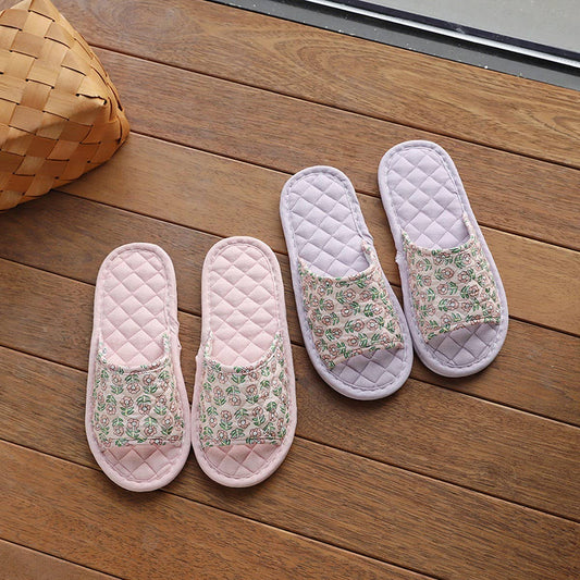 Floral Cotton Linen Slippers with Soft Sole