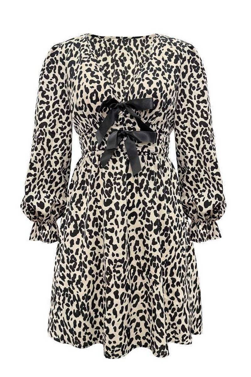 CWDSD7618_SEXY LEOPARD PRINT WAIST PLEATED DRESS WITH BOW