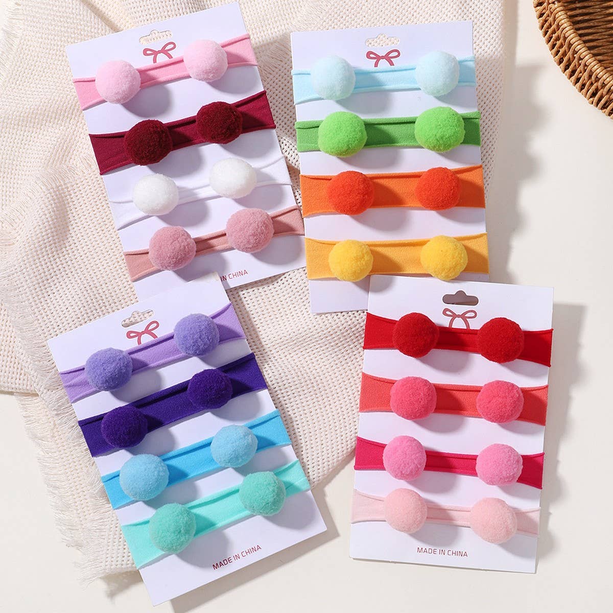 Kids Pom Pom Elastic Nylon Headband Set
