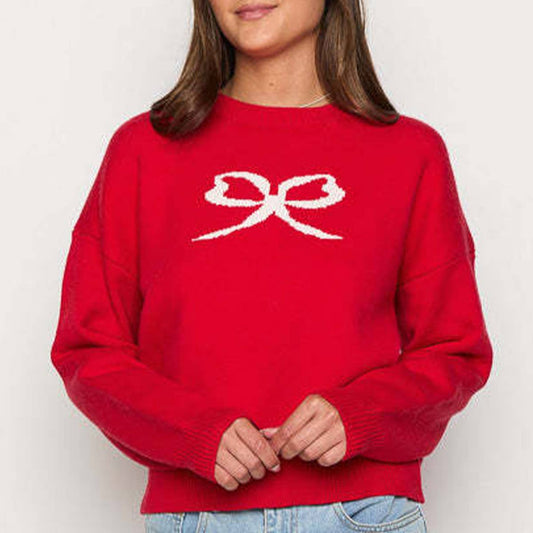 SOLID COLOR PULLOVER WITH JACQUARD BOW ROUND NECK