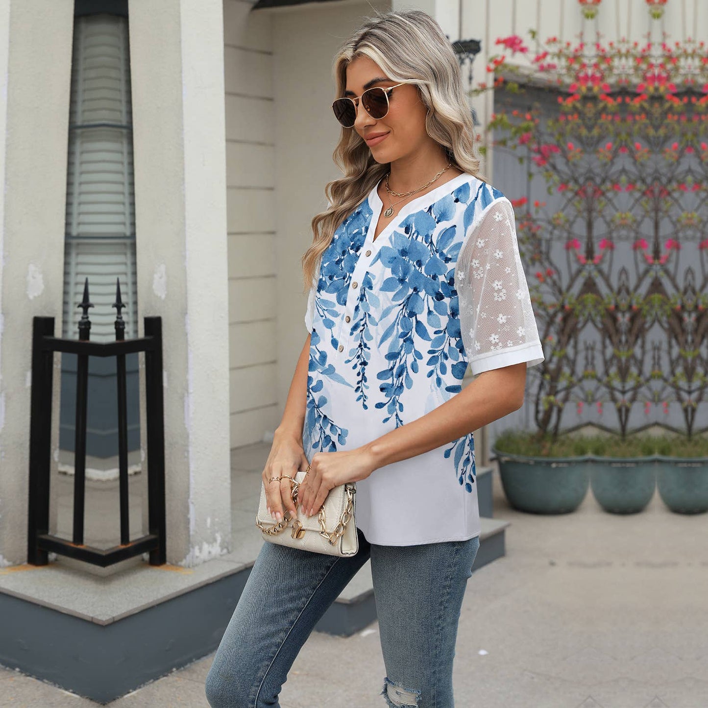 V-neck printed chiffon top with lace sleeves