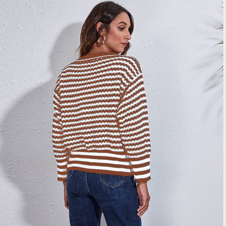 Striped V-neck long-sleeved cardigan sweater
