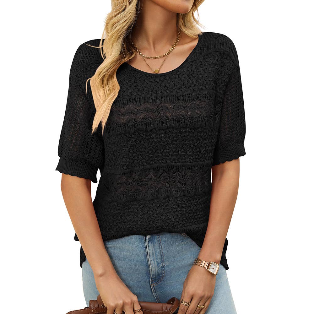 Round-neck hollowed-out knitted crochet top