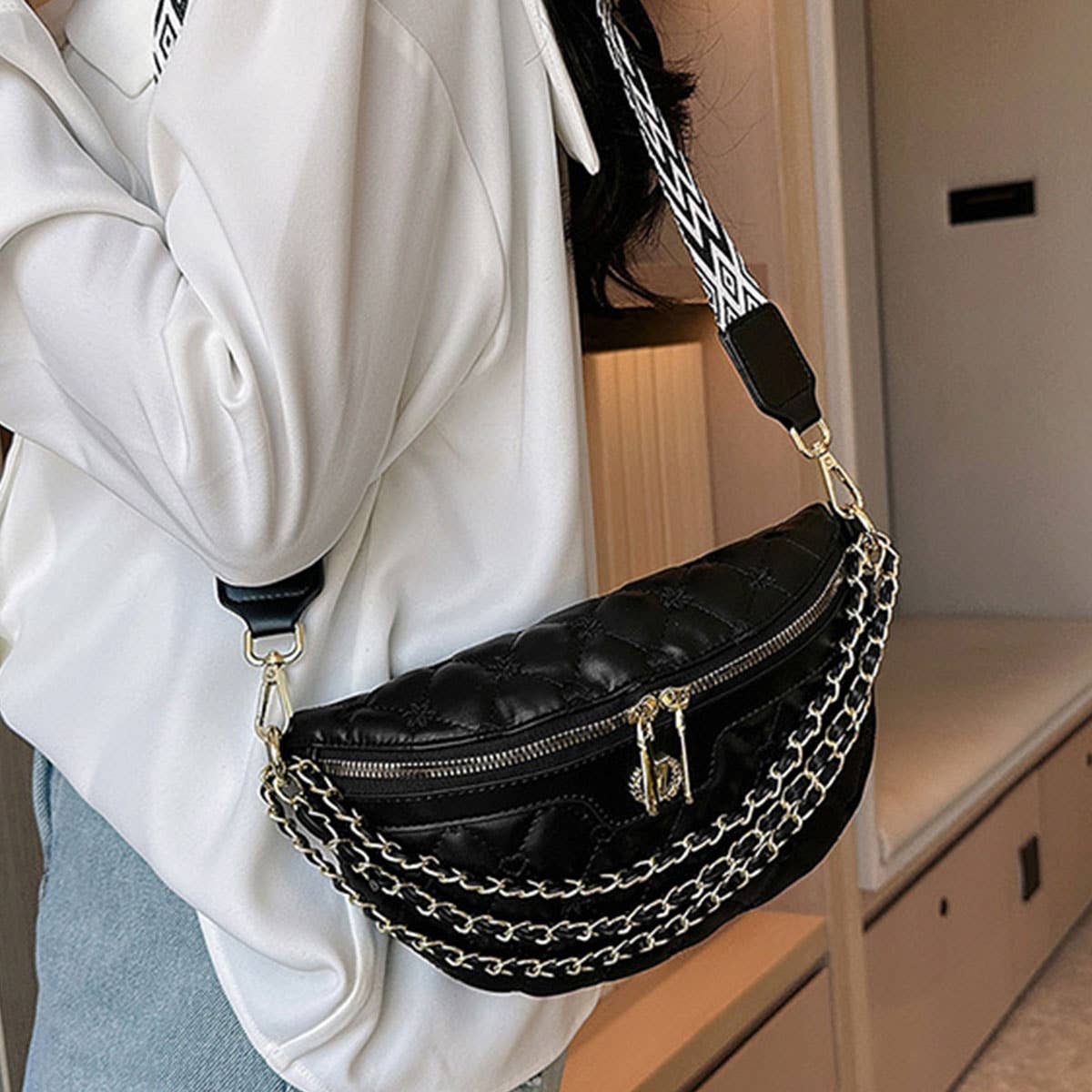PU TRIPLE CHAIN STRAP BELT BAG,CROSSBODY BAG_CWAB0944
