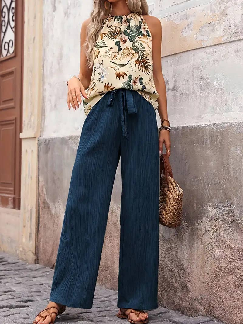 A halter ethnic-style printed top trousers set